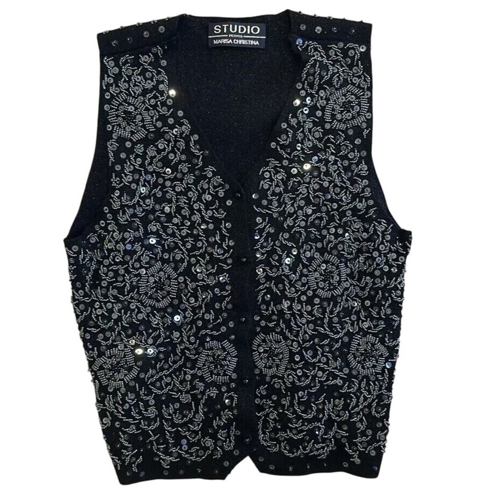 Vintage V Neck Sleeveless Sequins Buttoned Vest Wool Blend Old Money Sz M Y2K